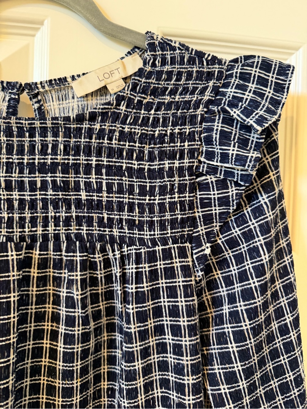 LOFT Navy and White Plaid Smocked Ruffle Yoke Blouse - Picture 3 of 6
